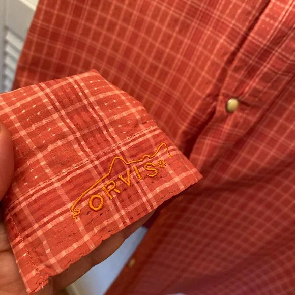 ORVIS men orange gingham style snap button shirt, XXL - Picture 8 of 13